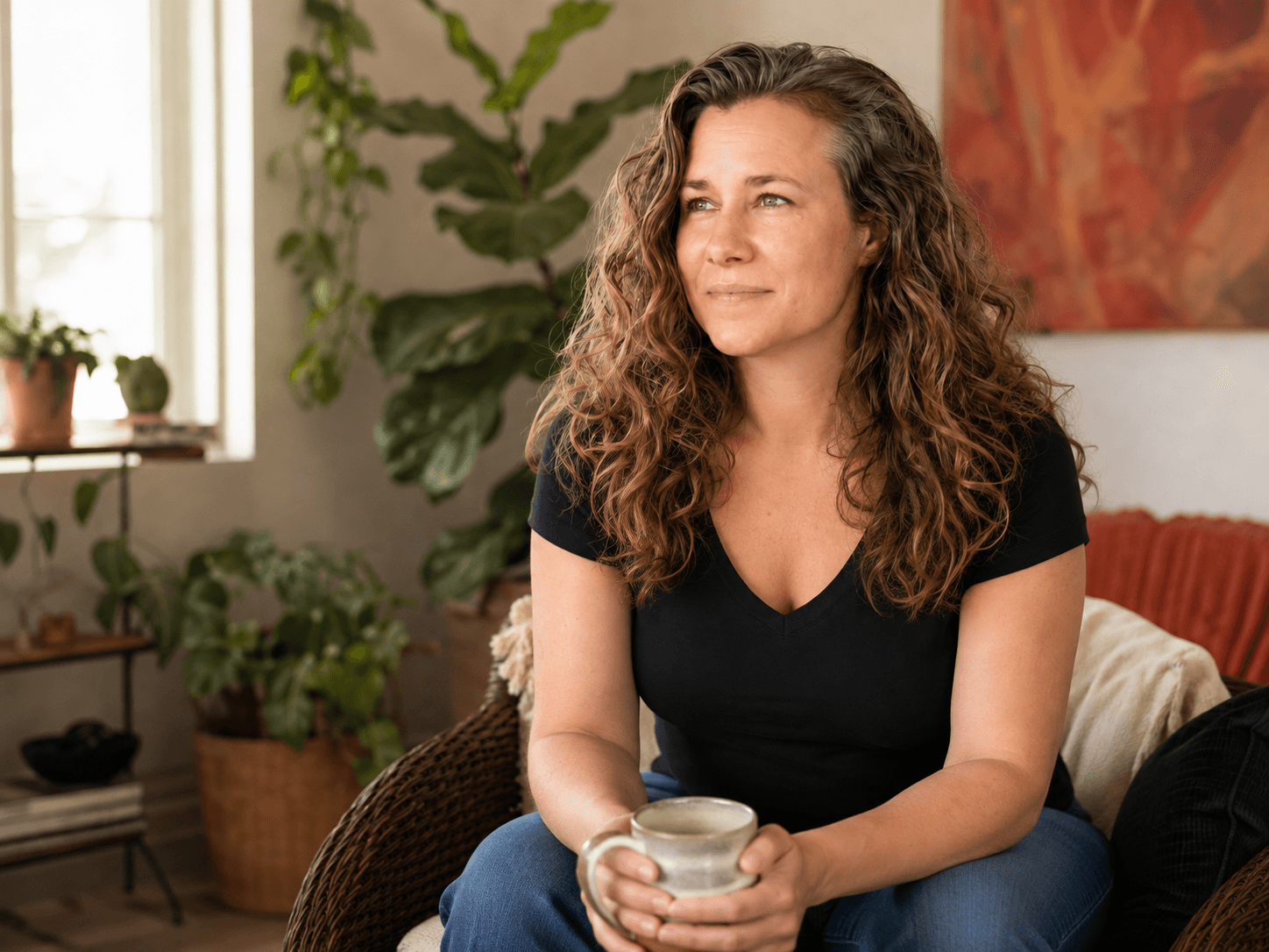 Jessie Faber sitting with a warm mug of coffee