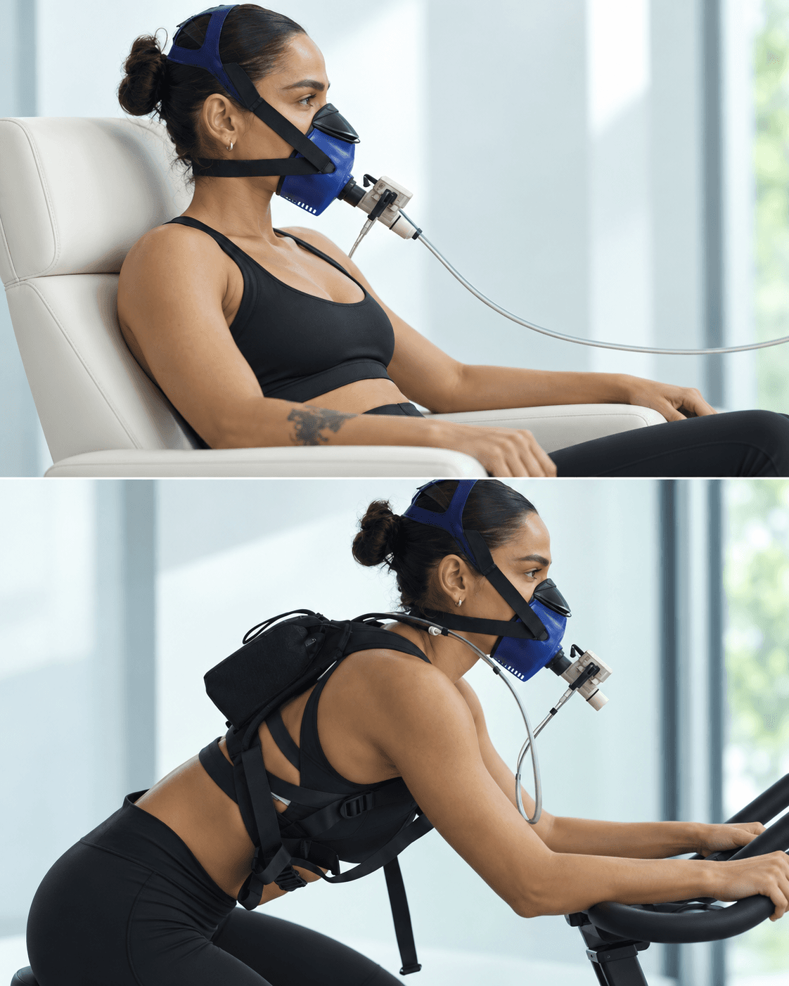 Metabolic breath testing with a PNOĒ mask, seated and on a treadmill