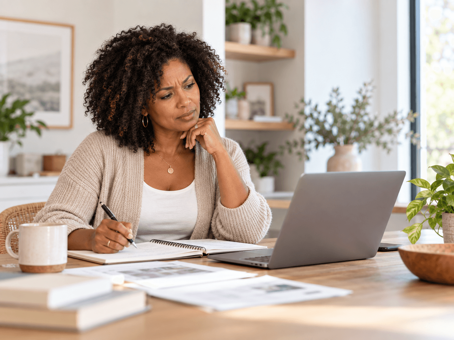 A woman reviewing notes and her laptop at her kitchen table, trying to make sense of the changes in her body